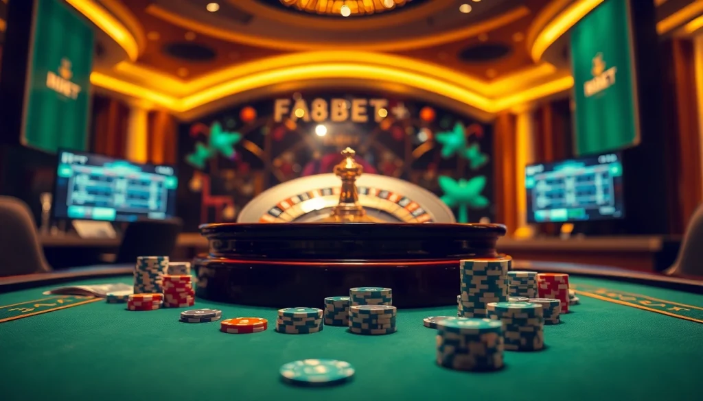 Experience thrilling gambling with F8BET COM at our luxurious poker table featuring vibrant chips and cards.