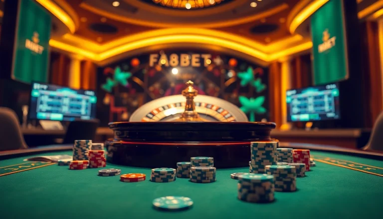 Experience thrilling gambling with F8BET COM at our luxurious poker table featuring vibrant chips and cards.