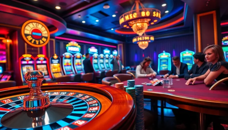 Experience the excitement of MM88 Casino with players enjoying poker, roulette, and vibrant slot machines.