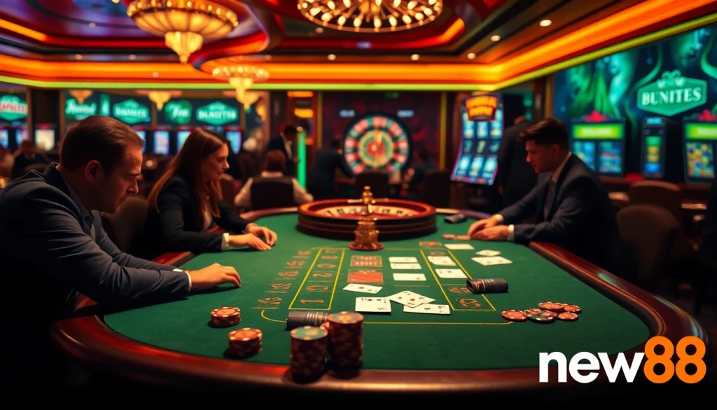 Experience the thrill of new88 with players enjoying casino games at a luxury table.