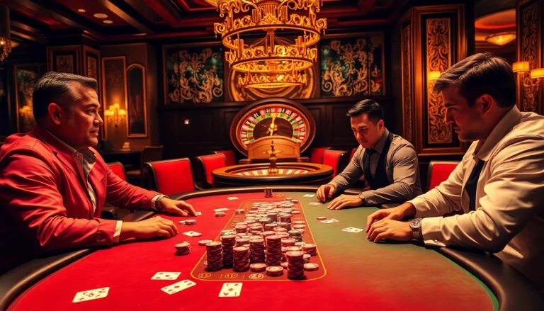 Experience a thrilling win55 moment at a vibrant poker table in a luxurious casino.