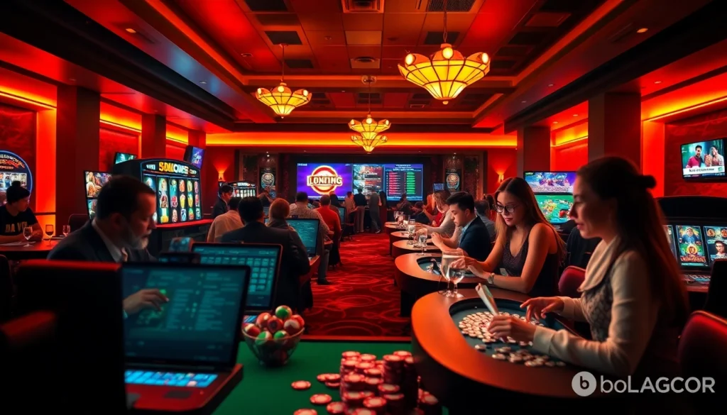 Dynamic bolagacor online gambling scene with players enjoying diverse games in an inviting casino atmosphere.