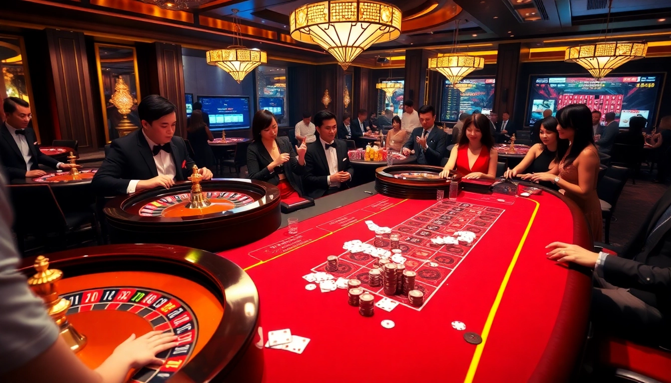Table games showcasing NHÀ CÁI MM88 with vibrant roulette, poker chips, and engaged players at a luxurious casino setup.