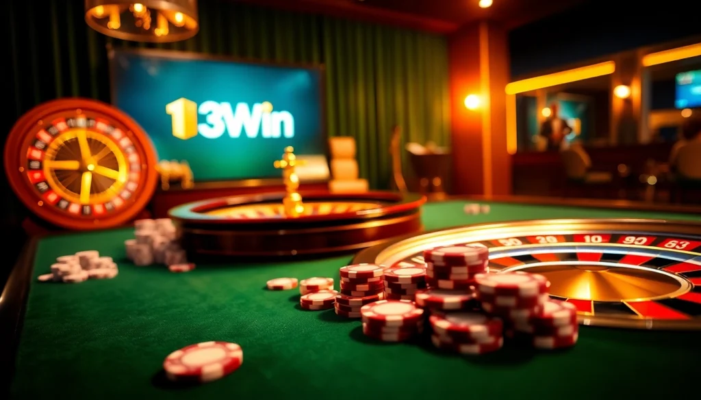 Engage in thrilling gameplay at 13Win, showcasing poker chips and roulette for an immersive experience.