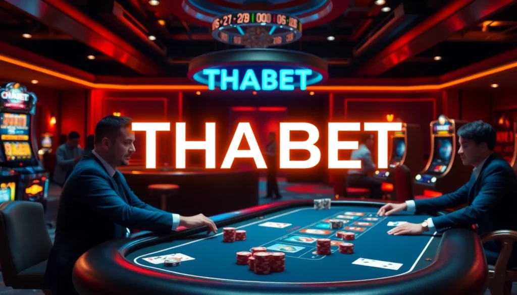 THABET logo shines in an upscale casino, showcasing a captivating poker game, chips, and cards.