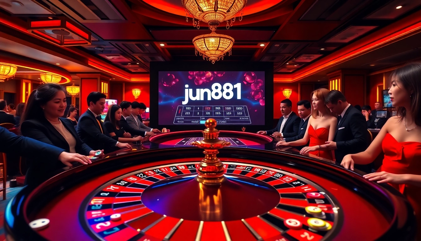 Players enjoying a thrilling roulette game at jun881 casino with vibrant chips and atmosphere.