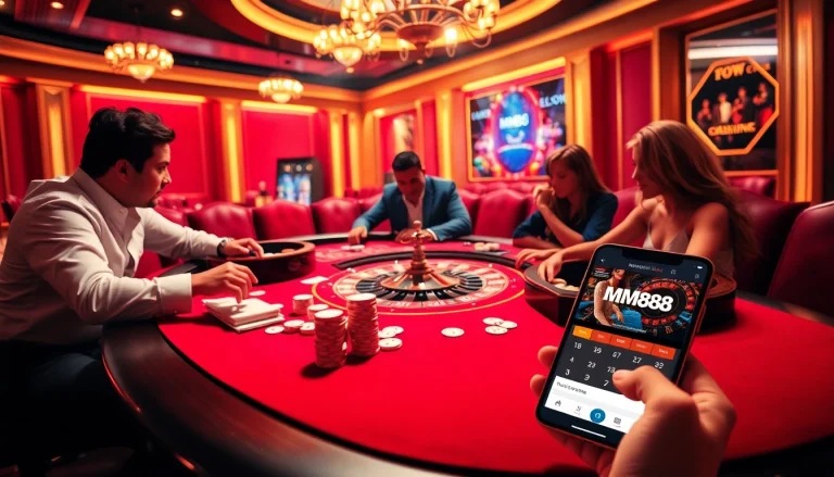 Experience the thrill of online gambling with a vibrant MM88 gaming table featuring poker chips and cards.