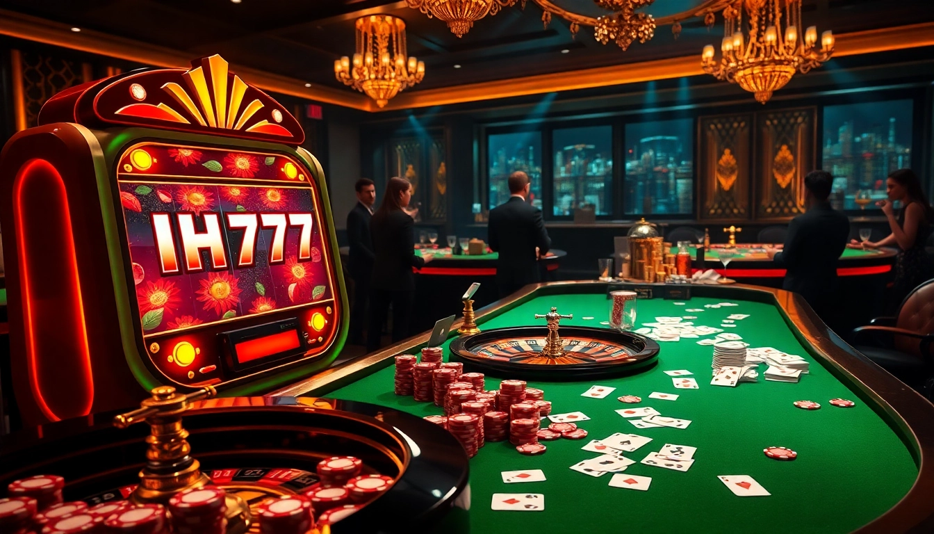 Spinning the IH777 slot machine amidst lively casino action with poker chips and cards.