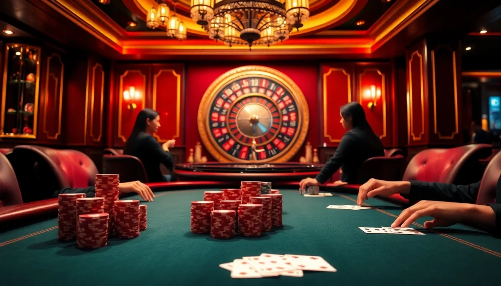 Engaged players strategizing at a luxurious casino poker table, showcasing https://ga888.at elements.