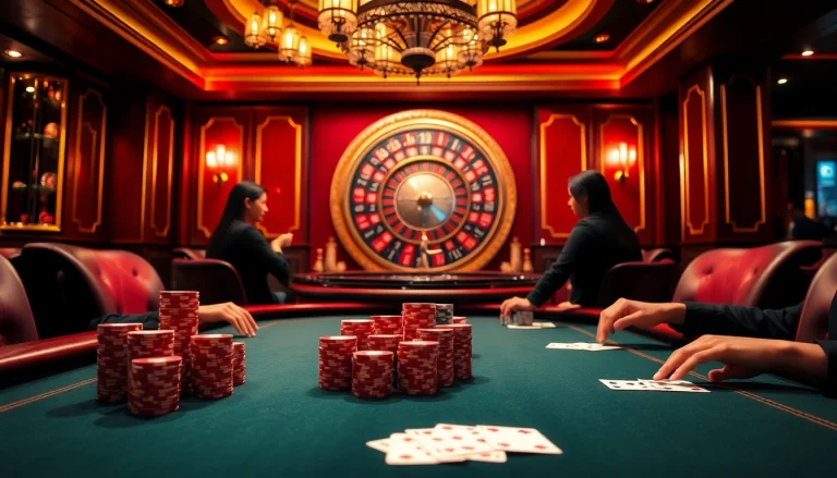 Engaged players strategizing at a luxurious casino poker table, showcasing https://ga888.at elements.