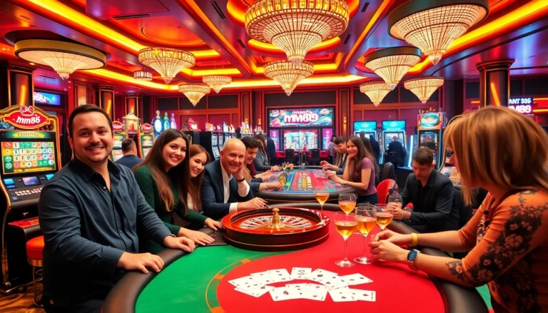 Players enjoying the excitement of mm88 casino games with vibrant slot machines and poker tables.