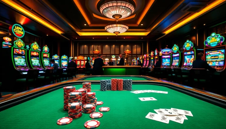 Engaging scene of a casino table at Trang chủ LC88, featuring colorful poker chips and active players, capturing the thrills of online gambling.