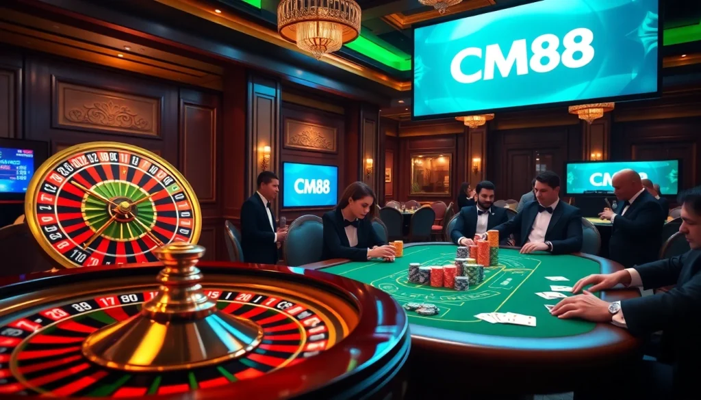 Exciting gaming session at CM88 casino with roulette wheel and poker table.