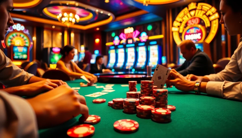 Experience the thrill of poker with Hi888 chips and cards showcased in a luxurious casino.