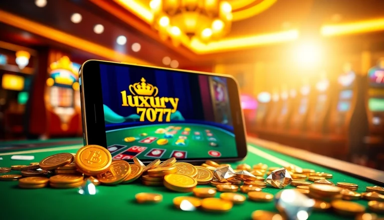 Permainan luxury777 game menampilkan smartphone mewah di kasino bersinar dengan latar belakang elegan.