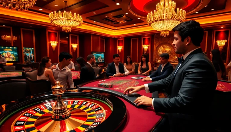 KJC casino scene with vibrant roulette wheel and players enjoying table games.