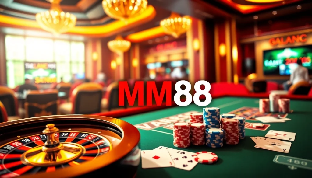 Engaging scene of nhà cái mm88 with vibrant casino elements like roulette and poker chips.