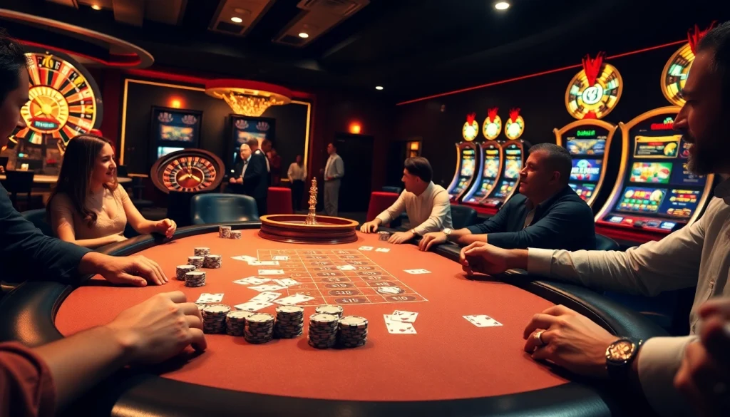 Engaged gamblers at MM88 enjoy a thrilling poker game in a vibrant casino atmosphere.
