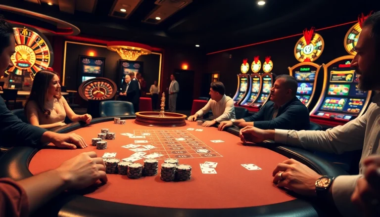 Engaged gamblers at MM88 enjoy a thrilling poker game in a vibrant casino atmosphere.