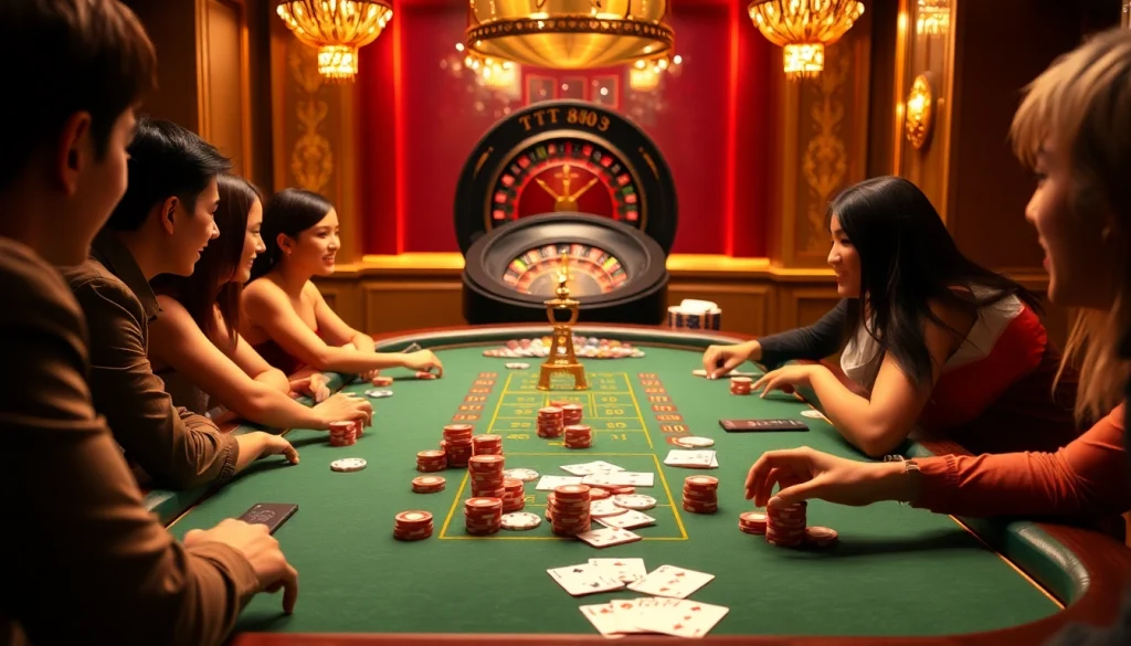 Players enjoying an exciting poker game at the TT88 casino table, illustrating vibrant gambling energy.