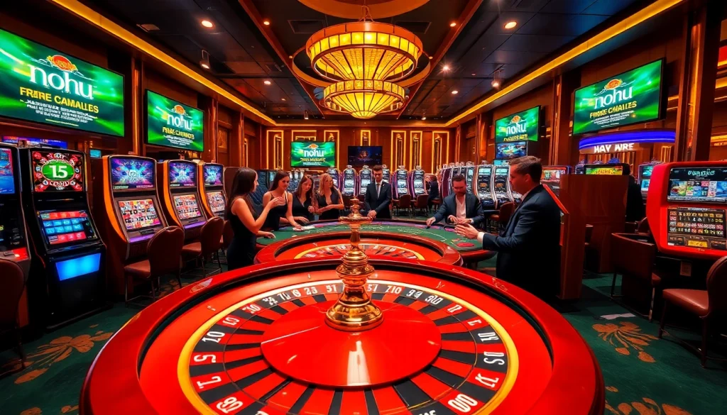 A thrilling gambling experience at nohu.forsale with players winning at the blackjack table and roulette wheel.
