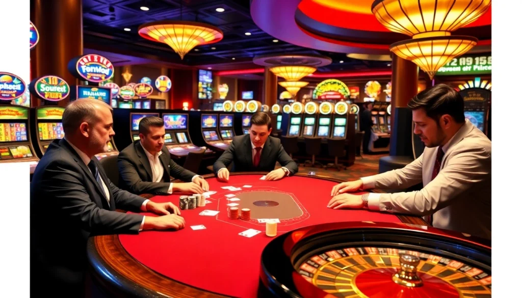 Exciting poker action at New88 casino with players and colorful slot machines.