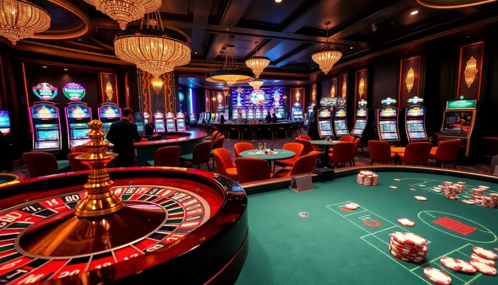 Exciting casino scene showcasing 88i gaming with engaged players at roulette and poker tables.