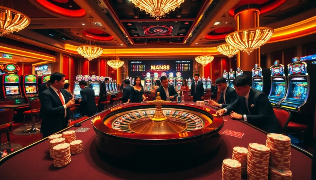 Man88 casino scene with roulette wheel and excited players betting.