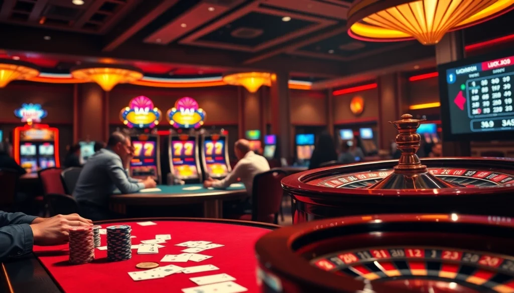 Engaging players at a poker table and exciting slot machines at https://luck8r1.com casino.