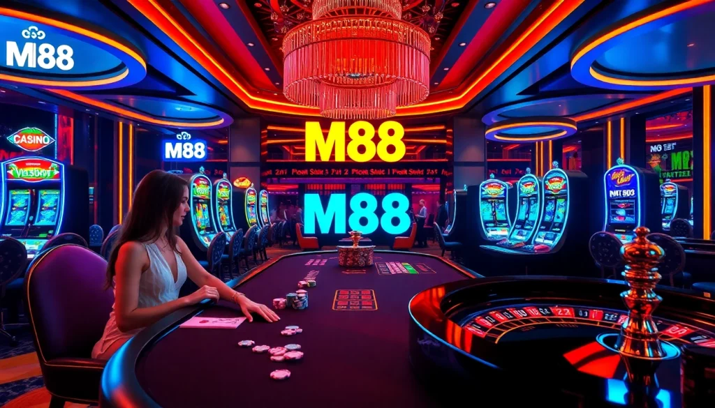 Excited players engaged at M88 casino table, showcasing luxury gambling experience.