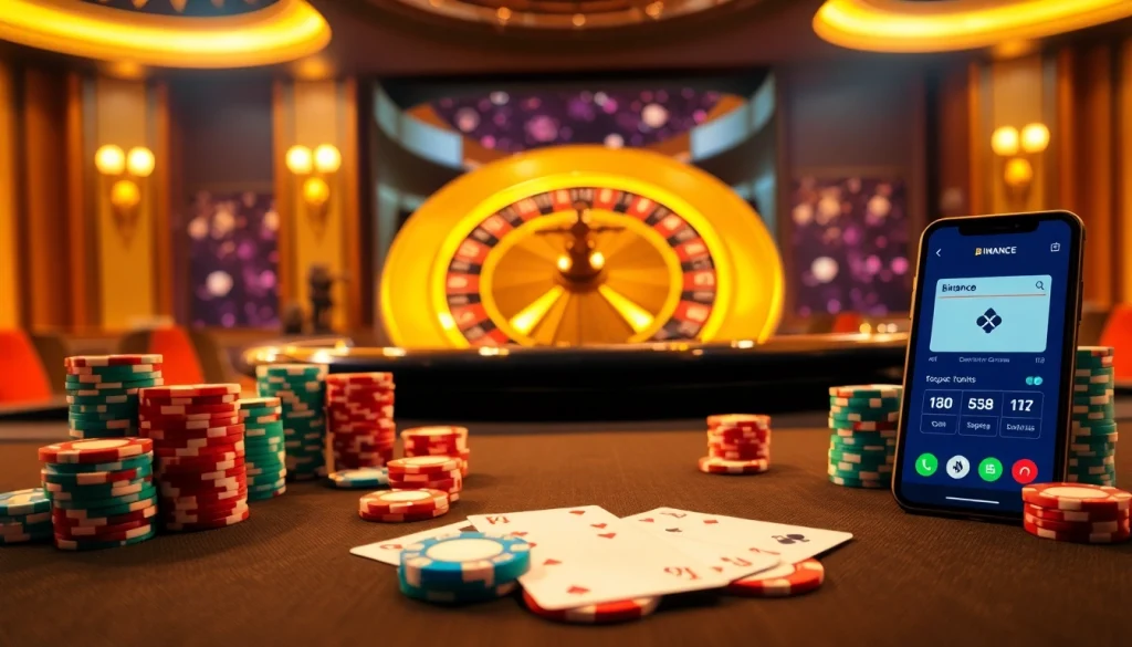Engage in 바이낸스 회원가입 with exciting casino visuals showcasing poker chips and a roulette wheel.