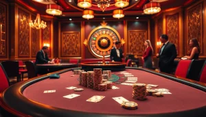 Experience high-stakes gambling at BL 555 with luxurious casino tables, poker chips, and a roulette wheel.