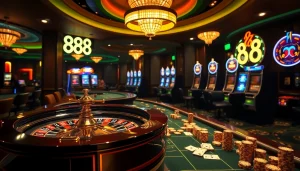 Experience the thrill of gambling with hz 88 at an upscale casino featuring roulette and slot machines.