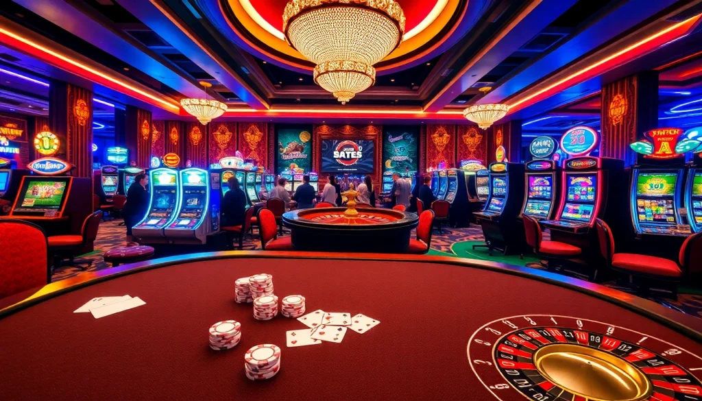 Thrilling gambling scene highlighting ทางเข้า mk8 with players at poker and slot machines.