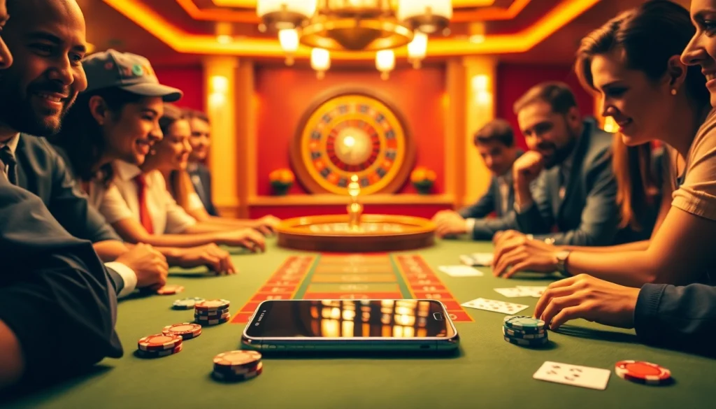 Engaged players at a poker table in a casino using the s8 for betting decisions.