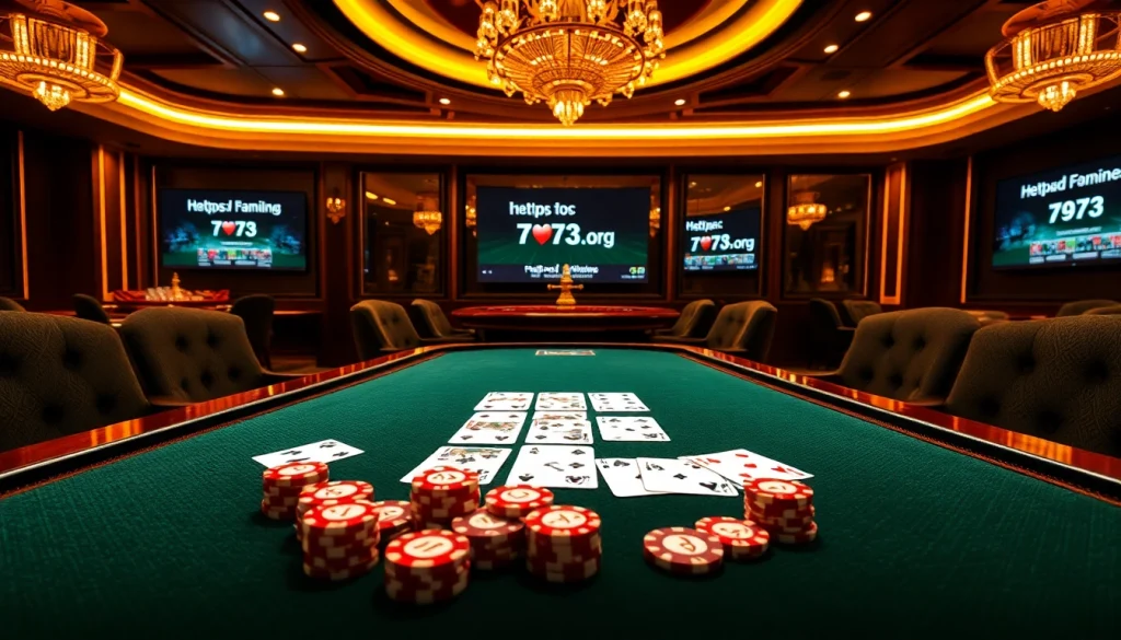 Engage with online gambling excitement at https://fun793.org/ with a luxurious casino scene featuring poker and roulette.