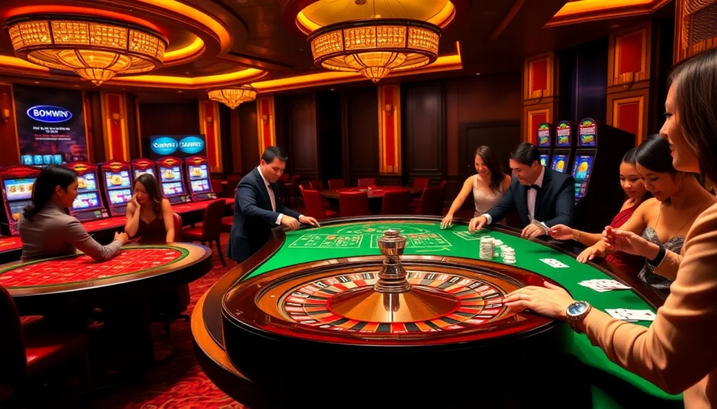 Players enjoying a thrilling game night at bomwin's casino, with vibrant tables and exciting action.