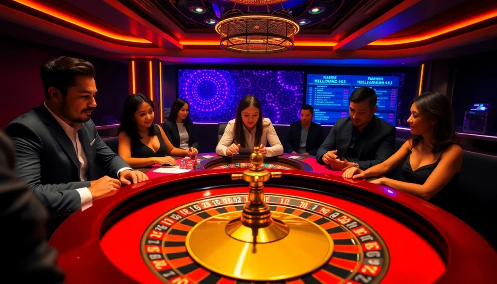 Engaged players enjoying roulette at Helloo88, showcasing a vibrant and luxurious gaming environment.