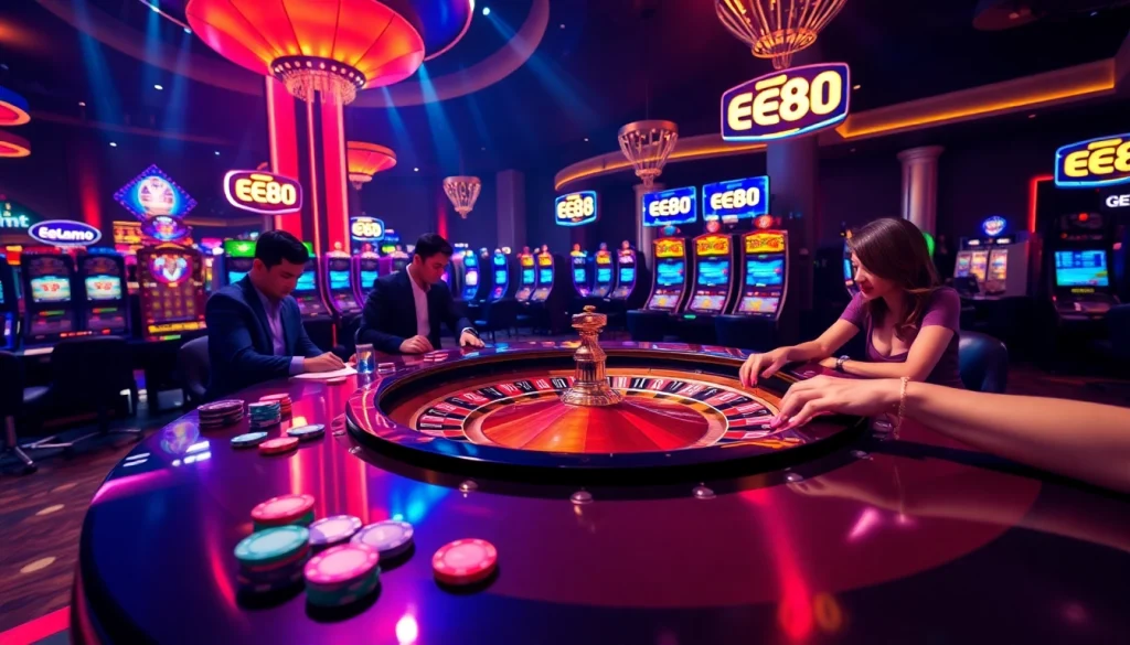 Experience thrilling gameplay at EE88 casino with vibrant roulette, poker chips, and colorful slot machines.