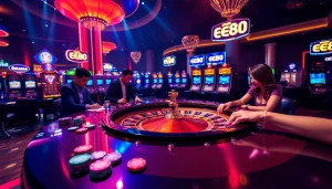 Experience thrilling gameplay at EE88 casino with vibrant roulette, poker chips, and colorful slot machines.