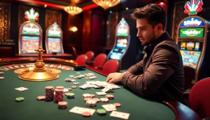 Exciting casino table action featuring MB66 poker chips and cards in a luxurious atmosphere.