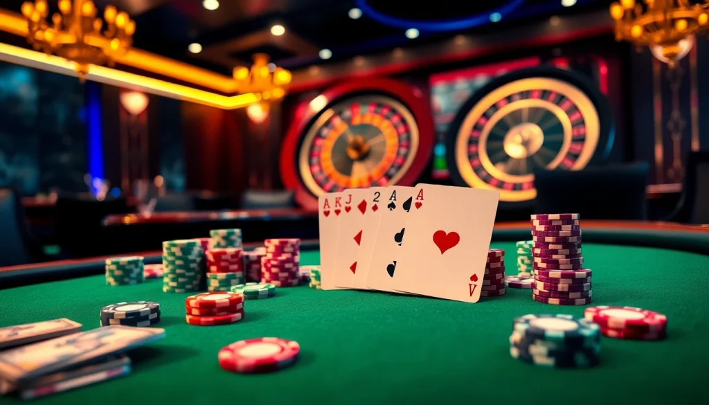 Experience the excitement of winning at https://king33.io/ with a luxurious poker table and vibrant gambling atmosphere.
