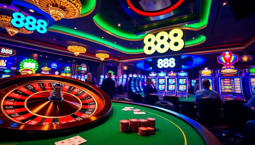 Engaging players at u 888 in a lively casino scene with poker chips, cards, and a roulette wheel.