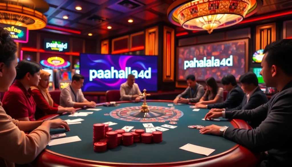 Engage in thrilling gameplay with pahala4d at a luxurious casino with poker tables and roulette wheels.