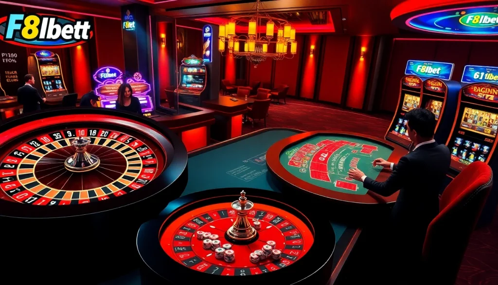 Experience vibrant online gaming at F8bet with thrilling roulette, poker chips, and exciting slot machines.