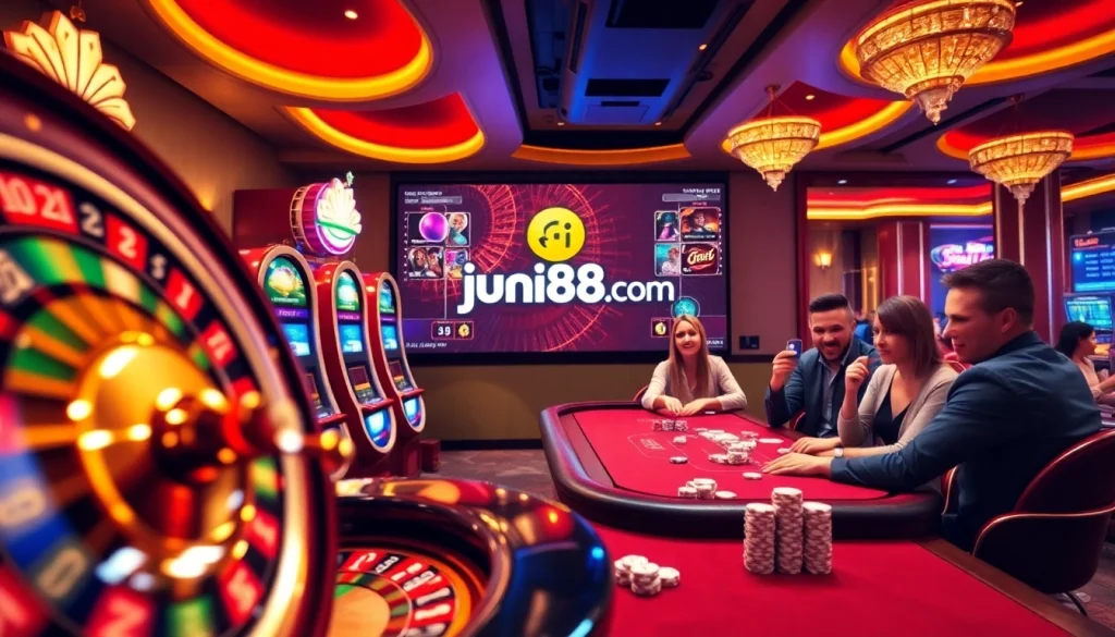 Experience high-stakes excitement at jun88 com with a luxurious casino scene featuring roulette and poker action.