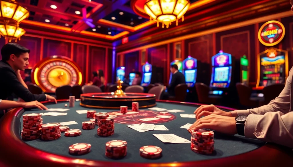 A high-stakes poker game featuring win 55 chips and a roulette wheel in an exciting casino atmosphere.
