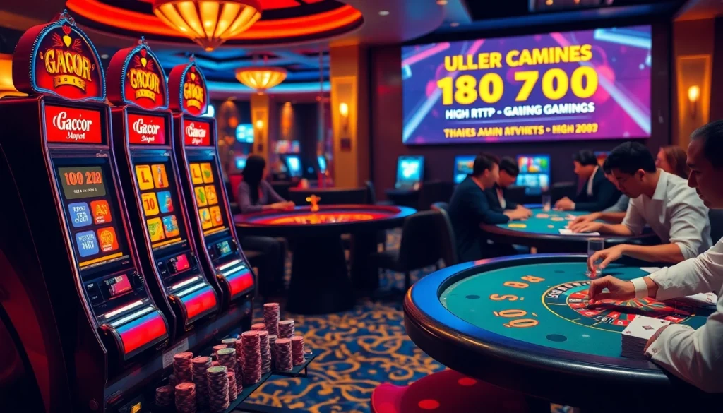 Exciting gacor slot machines and lively poker action in a luxurious casino setting.