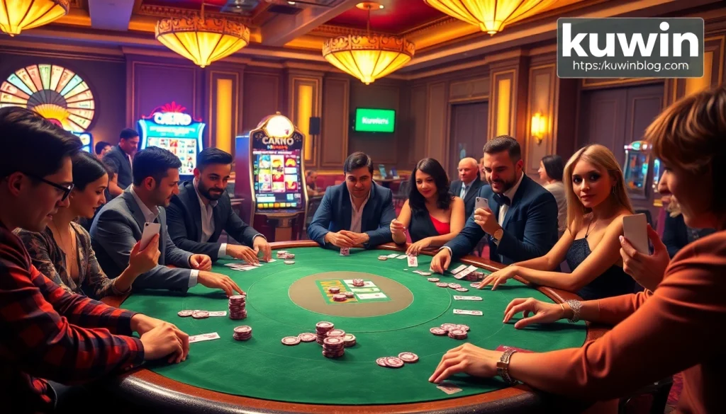 Exciting poker game scene showcasing https://kuwinblog.com/, vibrant chips, and elegant casino decor.
