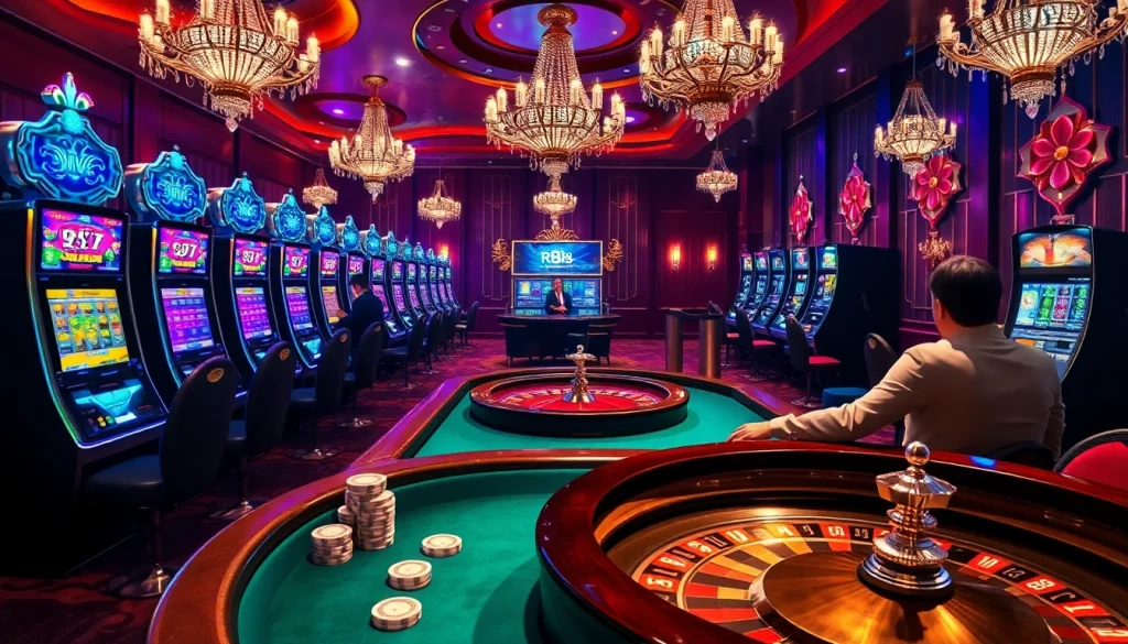 Engaged gamblers placing bets at rr 88's luxurious casino table amidst vibrant slot machines.